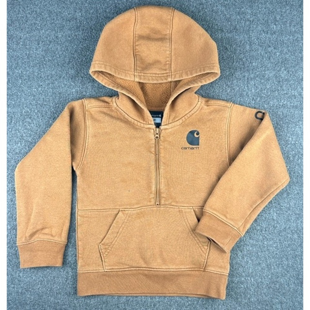 Carhartt Kids 3T Brown Quarter Zip Hooded Sweatshirt TS6273-B Logo Sleeve Hoodie